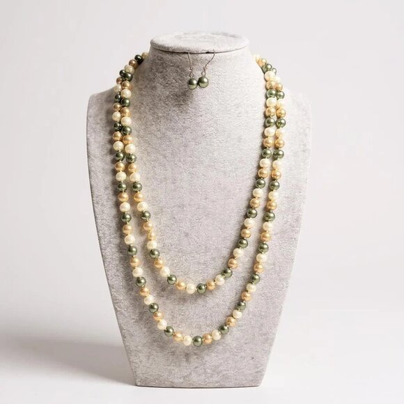 Multi Green And Gream Glass Faux Pearl Long Necklace Earring Set - Picture 1 of 2